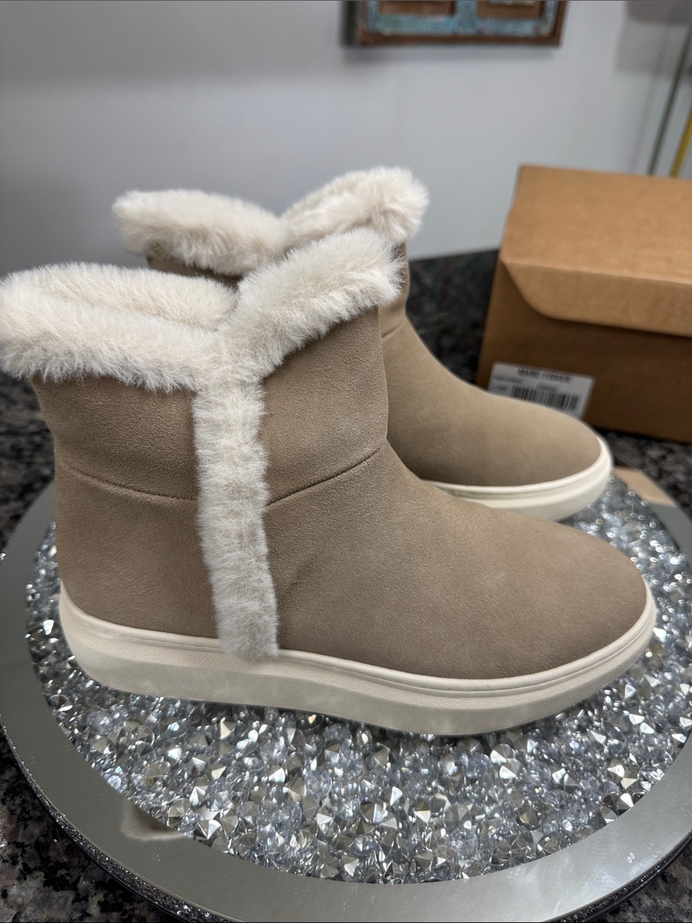 Marc Fisher Foggie Taupe Suede and faux fur Trim Ankle Boots NEW 7.5 - Picture 2 of 14